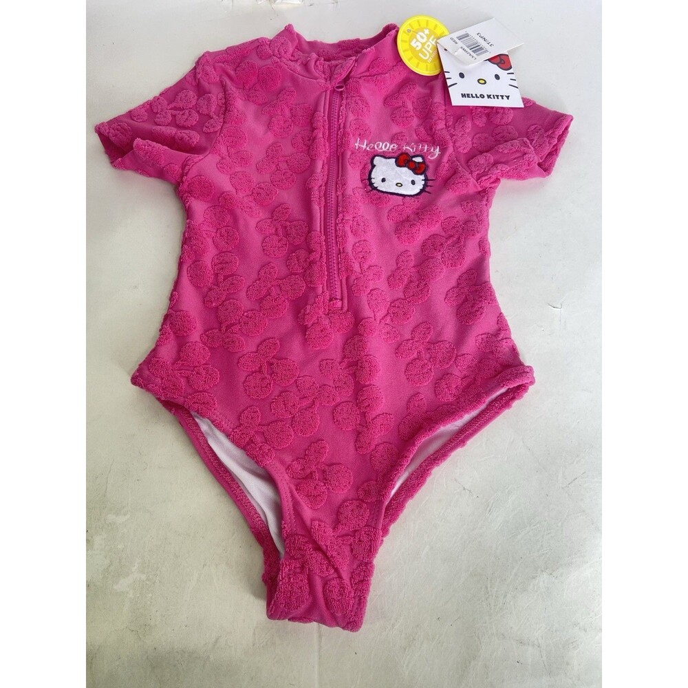 Hello Kitty Pink One Piece Rash Guard Lined Swimsuit Swimwear Girls Size 3T